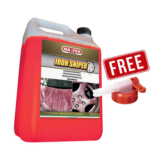 Red container of MA-FRA Iron Sniper with a free pump attached on a white background