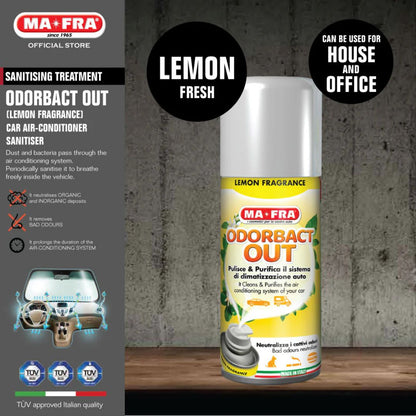 MA-FRA Odorabact Out car air conditioner sanitizer can with lemon fragrance on a wooden surface.