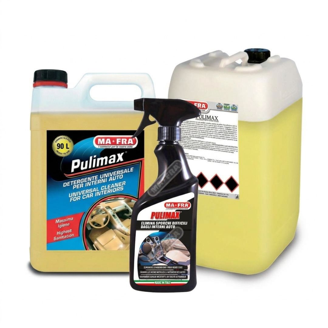 Three Ma-Fra Pulimax universal car interior cleaner products on a white background: a large yellow jug, a black spray bottle, and a large white-and-yellow container.