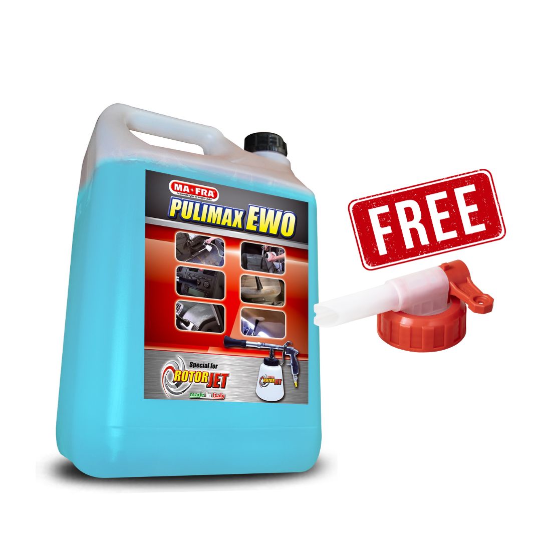 Blue container with 'Pulimax EWO' label and a free spray nozzle on a white background
