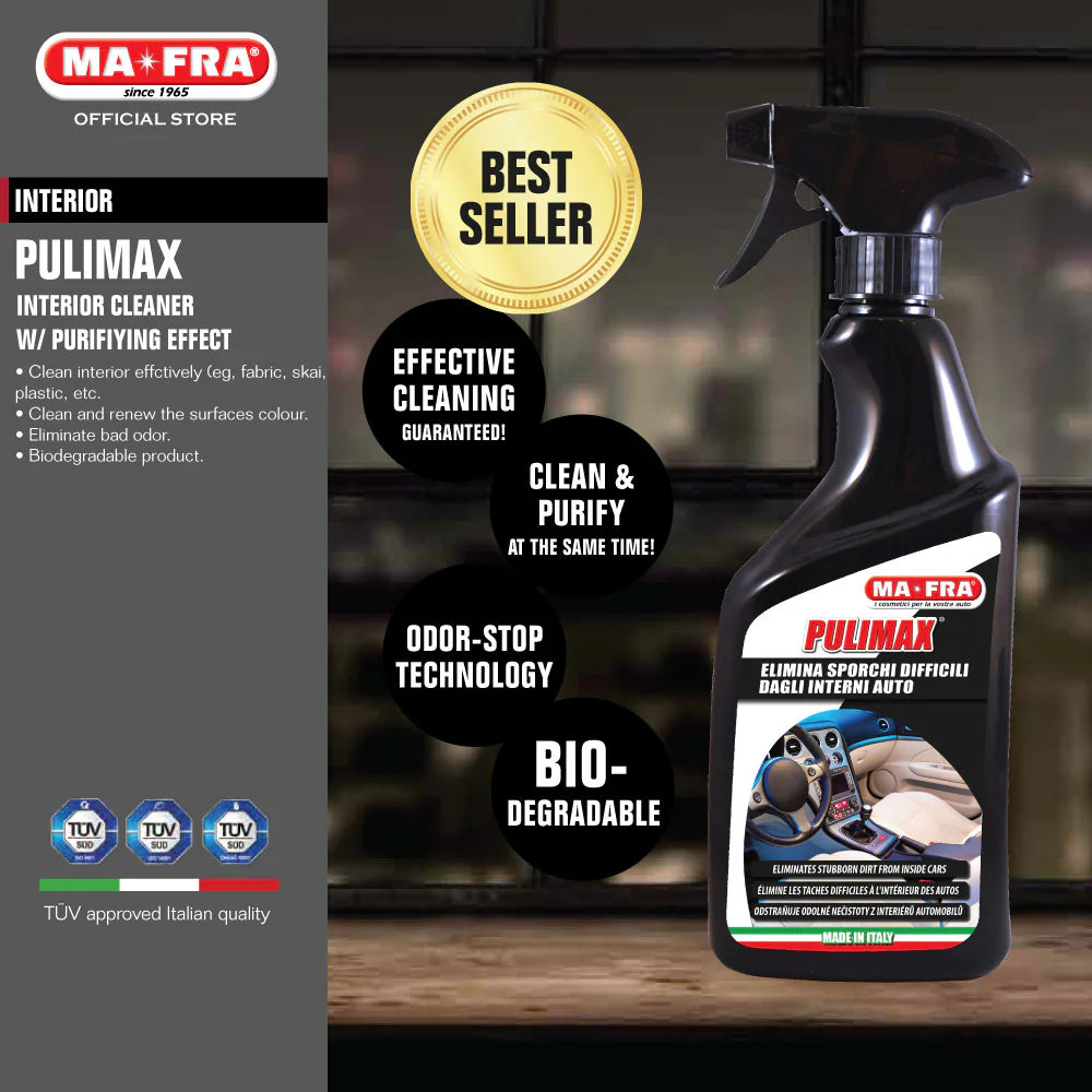 MaFra Pulimax Interior Cleaner 500ml. Best interior cleaner. black bottle with sprayer. safe interior cleaner. MaFra Ireland