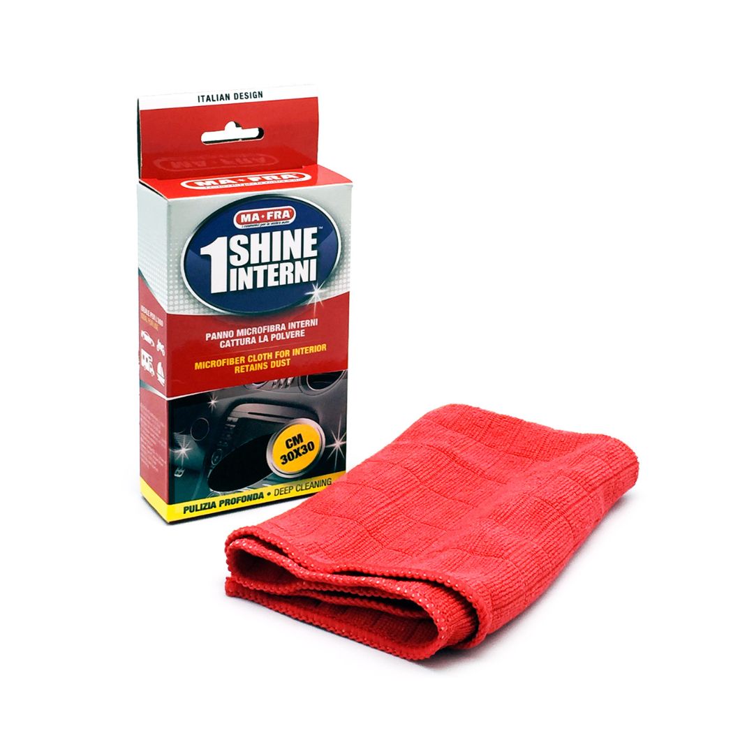 Red microfiber cloth with '1 Shine Interni' packaging on a white background