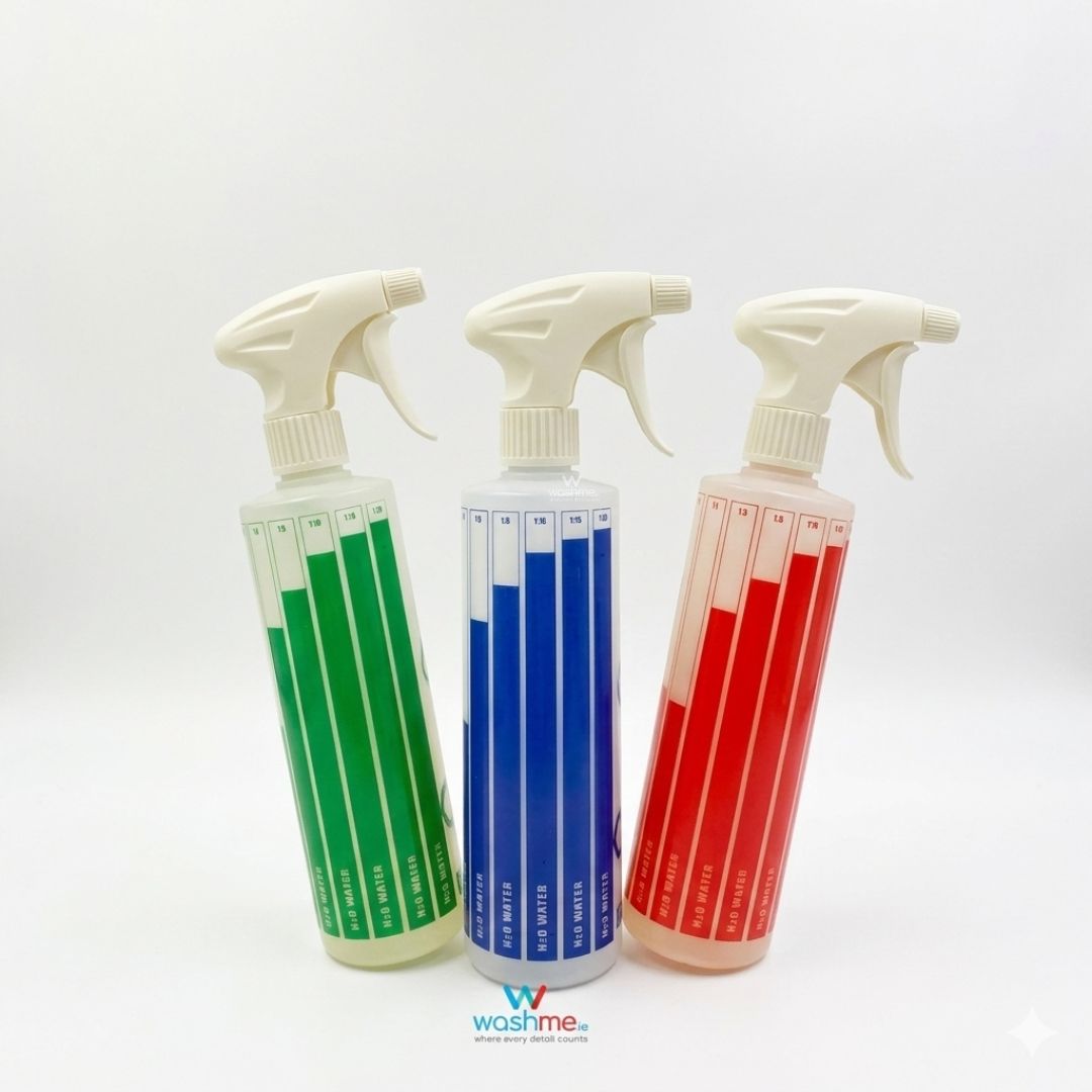 MaFra Spray Bottle with Dilution Mixing Scale 500ml in green, red and blue.