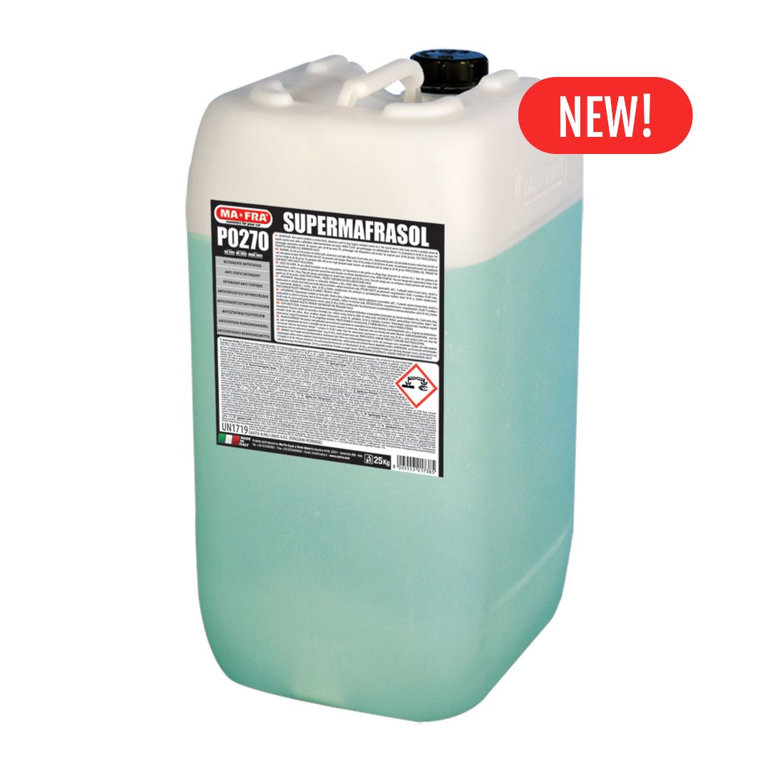 Large green and white container with a label, on a white background