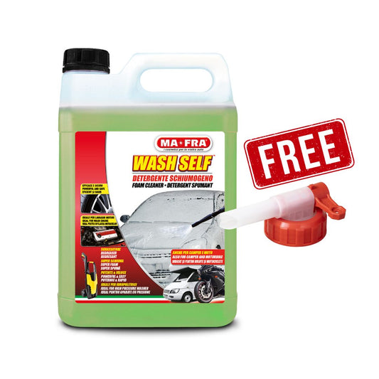 MaFra Wash-Self Green car wash detergent bottle with a free pump attached on a white background