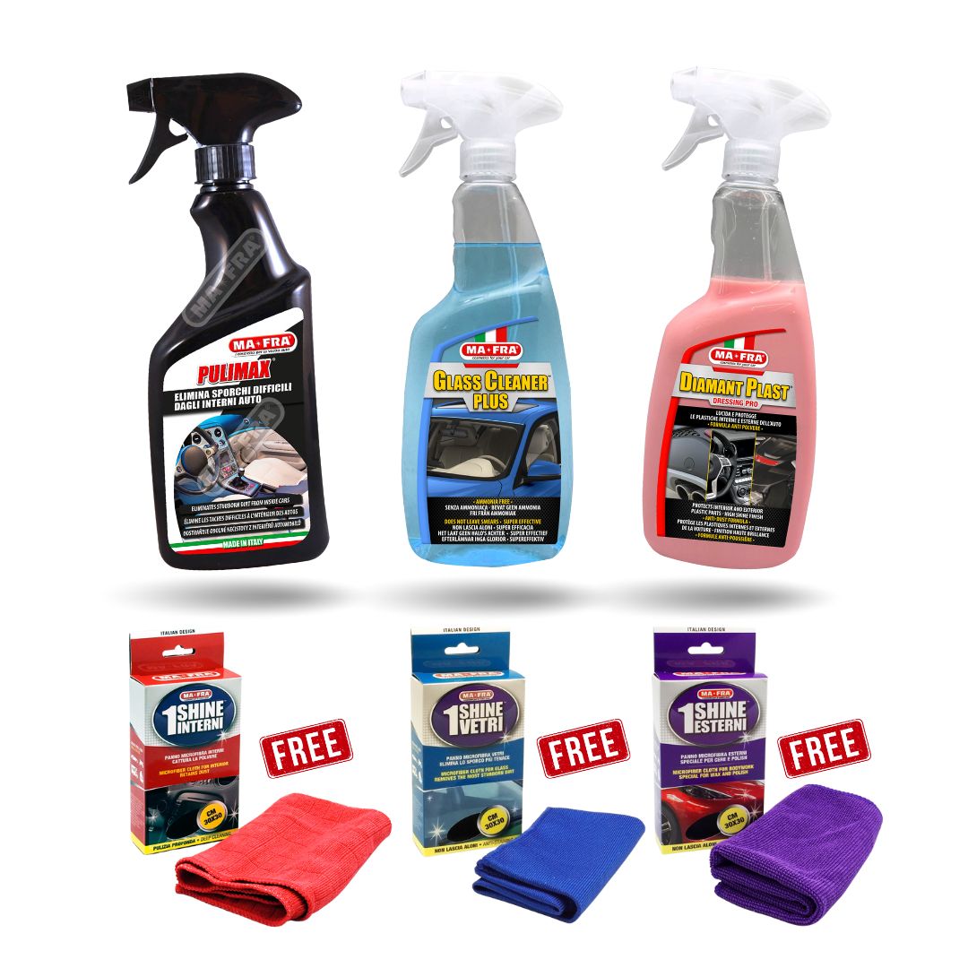 Collection of car care products including spray bottles and cloths on a white background