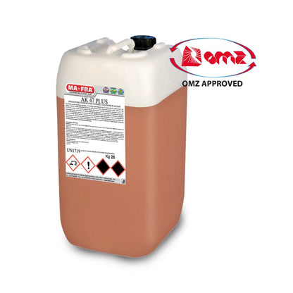 Large container of MA-FRA AK 47 PLUS with OMZ Approved logo on a white background. Mafra AK47 PLUS - Ultra-Concentrated Industrial Strength Degreaser & Tank Cleaner 25L