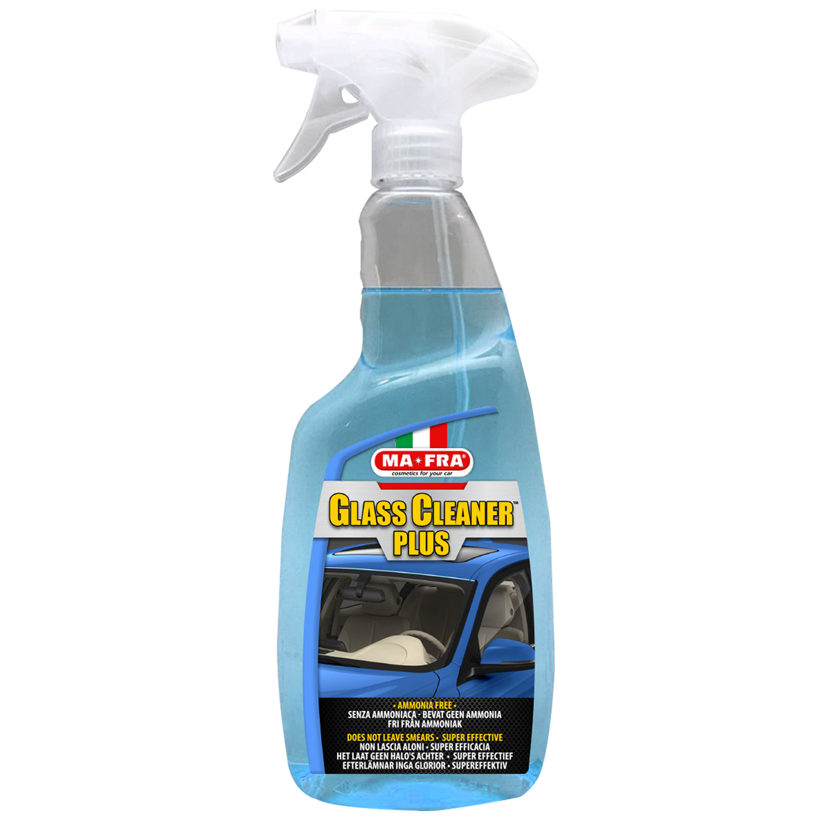 MaFra Glass Cleaner Plus. Streak Free glass cleaner without ammonia. Ammonia free. Blue glass cleaner for car and infotainment systems. MaFra Ireland