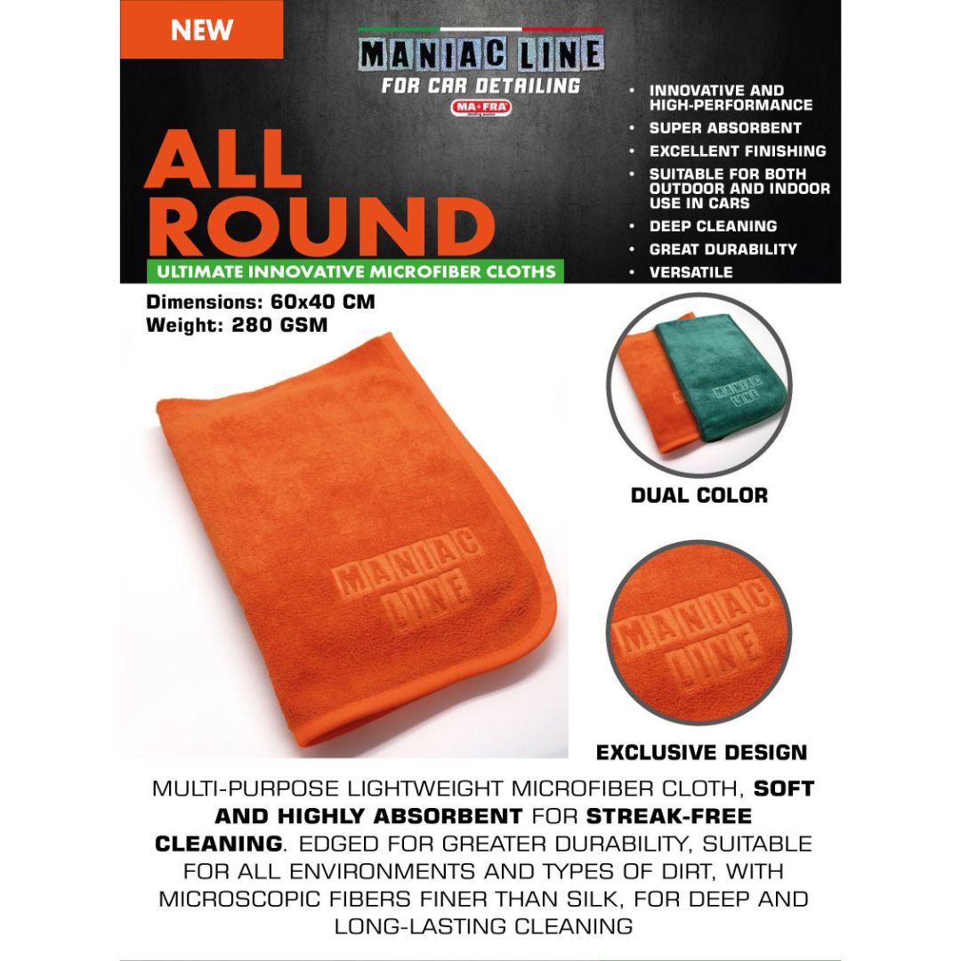 Maniac ALL Round Microfibre Cloth in Orange and Green. use both inside and outside, easily removes residues of polish, waxes, and compounds. Maniac Ireland and Mafra Ireland