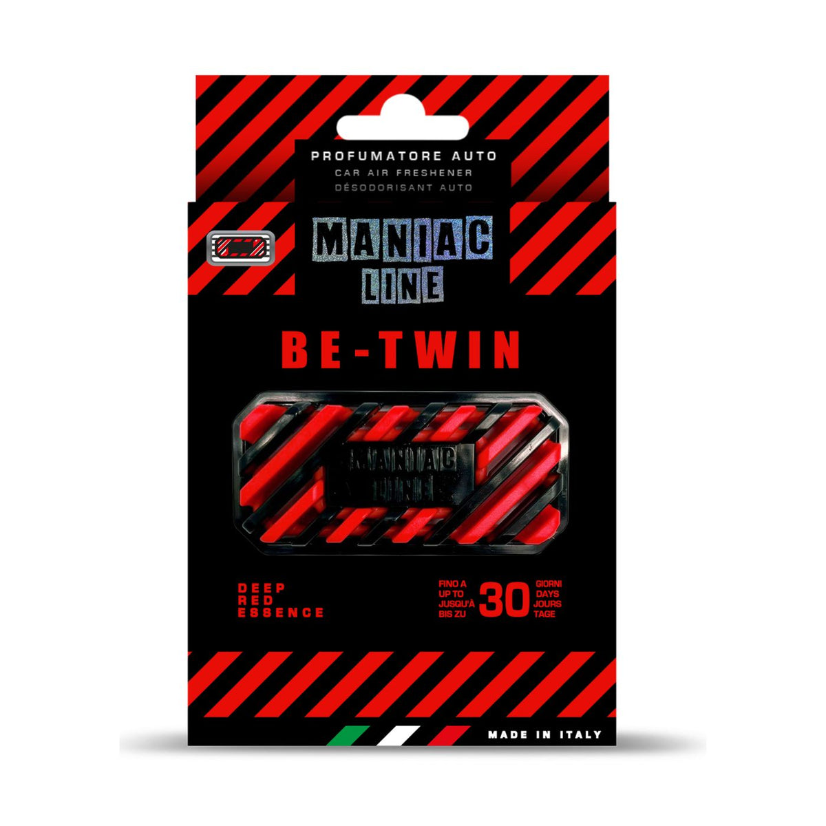 Packaged car air freshener spray labeled 'Maniac Line Be-Twin' in a black box with red diagonal hazard stripes and a clear window showing the spray can inside.
