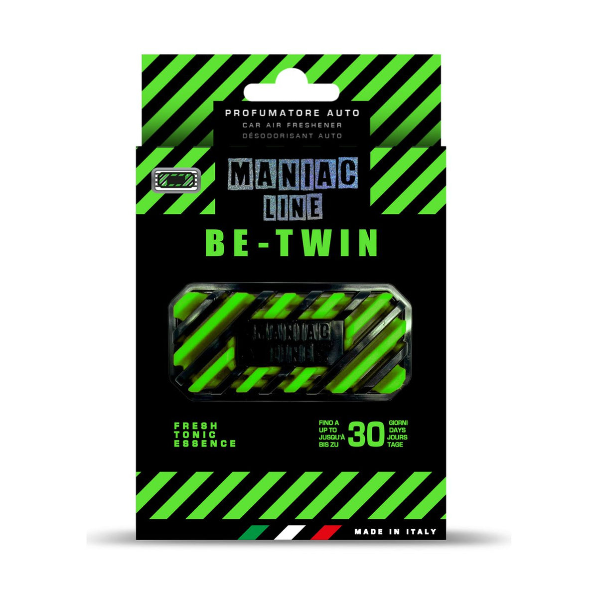 Packaged car air freshener spray labeled 'Maniac Line Be-Twin' on a plain white background. The retail card is black with bright green diagonal hazard stripes and a clear window showing the bottle inside.