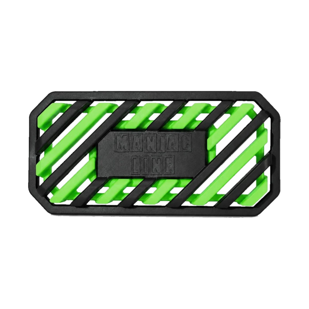 A rectangular black rubber maniac car air freshener with a slotted design, featuring bright neon green accents and a central black block embossed with the brand name 'MANIAC LINE'.