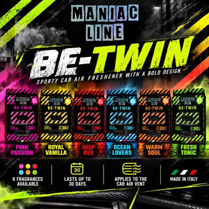 Promotional graphic for Maniac Line Be-Twin sporty car air freshener, showing six flavor variants (Pink Passion, Royal Vanilla, Deep Red, Ocean Lovers, Warm Soul, Fresh Tonic) in a row with bold neon accents and product info at the bottom.