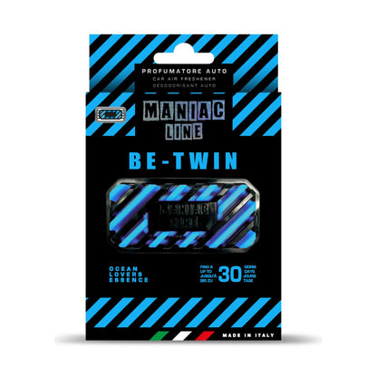 Packaged car air freshener spray labeled 'Maniac Line Be-Twin' in blue package called Ocean Lovers Essence