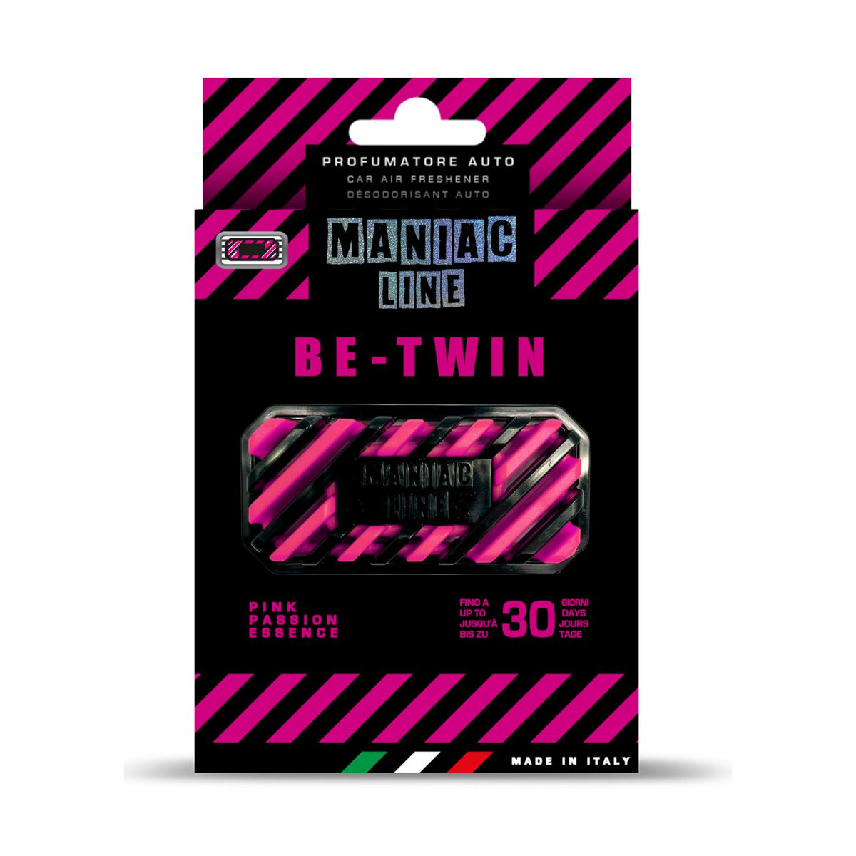 Packaged car air freshener spray labeled 'Maniac Line Be-Twin'  in a black card-style box with bright pink diagonal stripes and a small clear window showing the spray can inside.