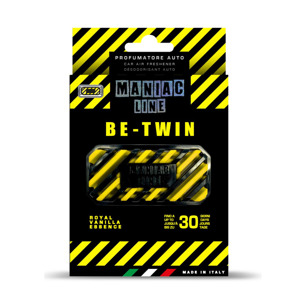 Packaged car air freshener spray labeled 'Maniac Line Be-Twin' , featuring a black and yellow hazard-striped box with a clear window showing the roll of car perfume spray inside.