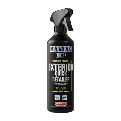 A black spray bottle of Maniac Line Exterior Quick Detailer, featuring a black trigger sprayer and a label with gold, white, and red text, set against a plain white background.