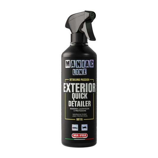A black spray bottle of Maniac Line Exterior Quick Detailer, featuring a black trigger sprayer and a label with gold, white, and red text, set against a plain white background.