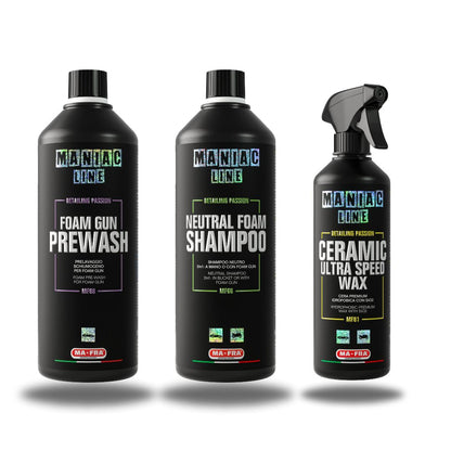 Let your foam gun work overtime with the Maniac Foam Gun Wash Kit that includes a versatile pre-wash snow foam and pH neutral shampoo that both can be applied with your foam gun.