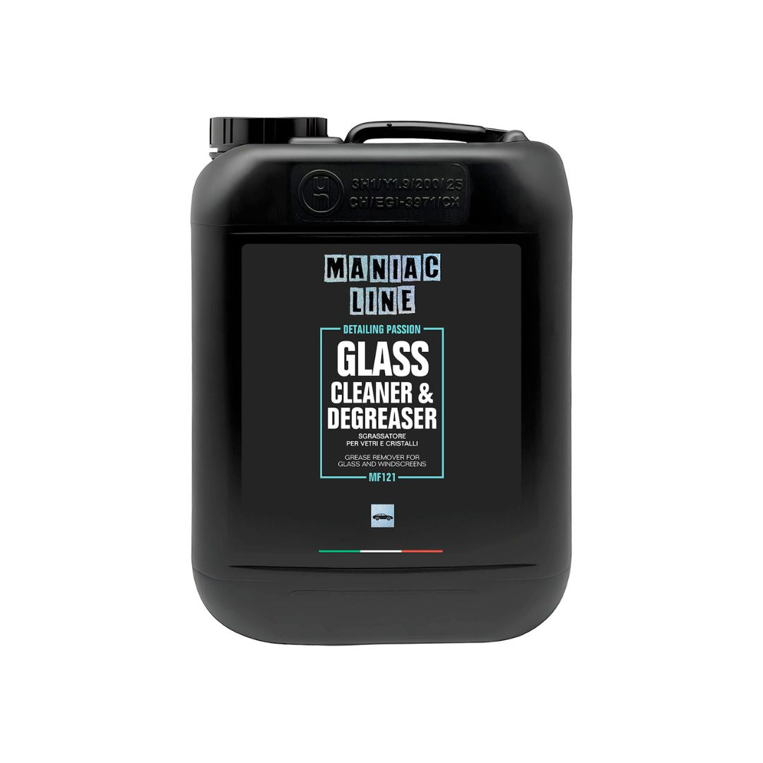5L Black container of Maniac Line glass cleaner and degreaser on a white background