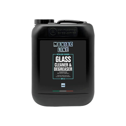 5L Black container of Maniac Line glass cleaner and degreaser on a white background