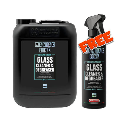 Maniac Line glass cleaner and degreaser in large container and spray bottle on a white background