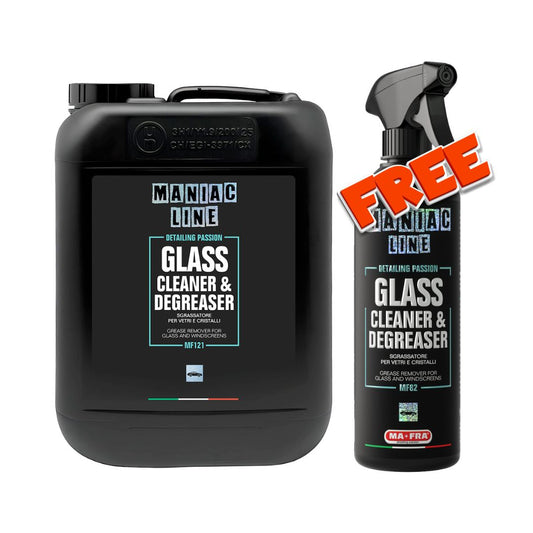 Maniac Line glass cleaner and degreaser in large container and spray bottle on a white background