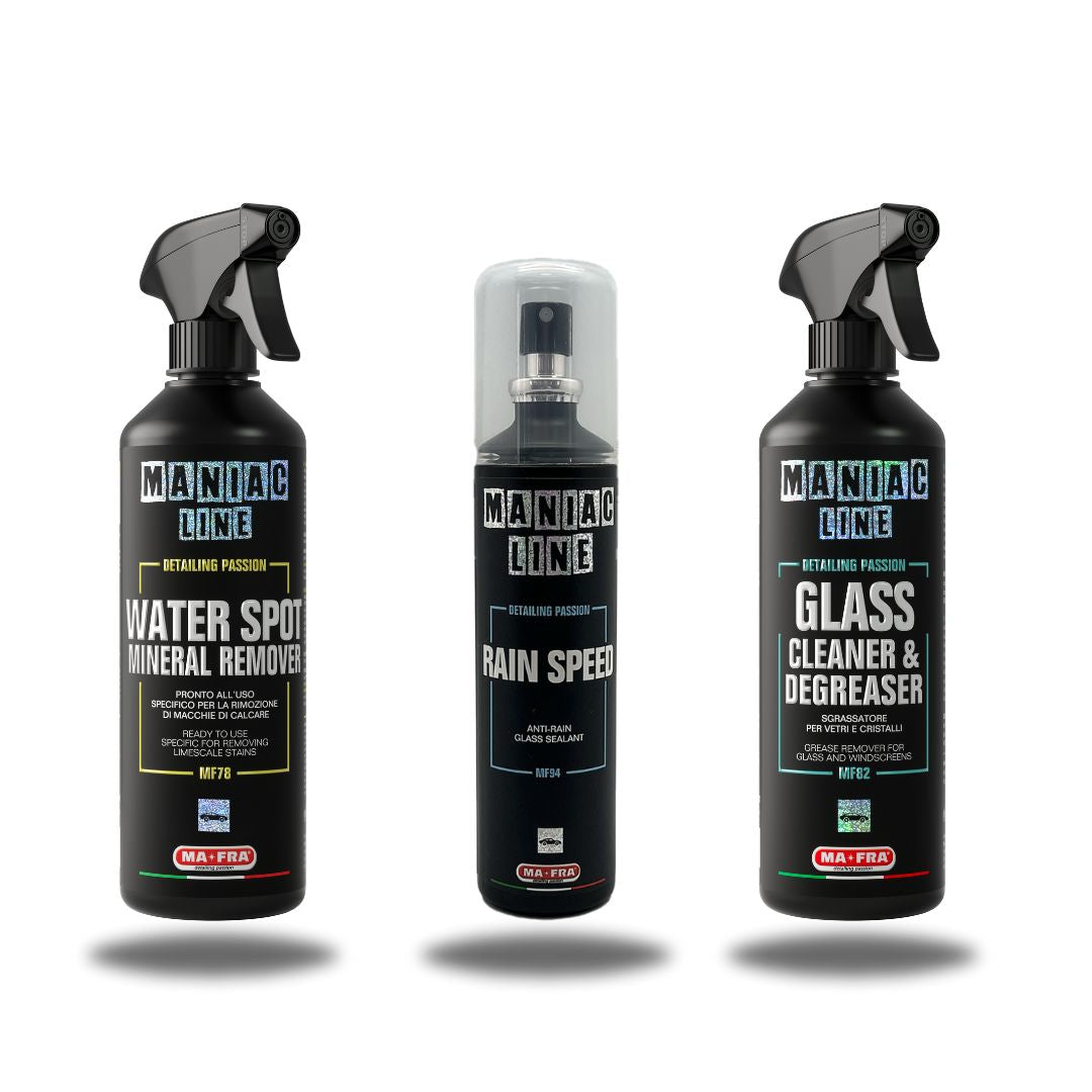 No more wipers with Maniac Glass Sealant and Maintenance Kit. Use the Maniac Water Spot Remover and Glass Cleaner to deep clean your outside glass before applying Maniac Rain Speed, a super hydrophobic glass coating that makes water running off your windshield at speeds above 50km/h. Maniac Ireland