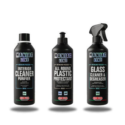 The Maniac Interior Deep Clean and Protection Kit provides everything you need for a pristine car interior. Clean thoroughly, dress your plastics to perfection, and maintain a crystal-clear view ahead. Transform your driving experience with ease and confidence!