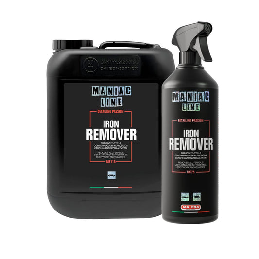 Maniac Line Iron Remover in large container and spray bottle on a white background