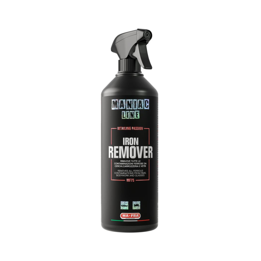 Black spray bottle 1L labeled 'Iron Remover' by Maniac Line on a white background