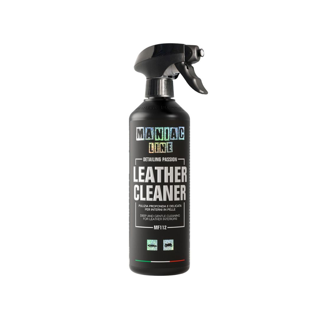 Black spray bottle labeled 'Maniac Line Leather Cleaner' on a white background