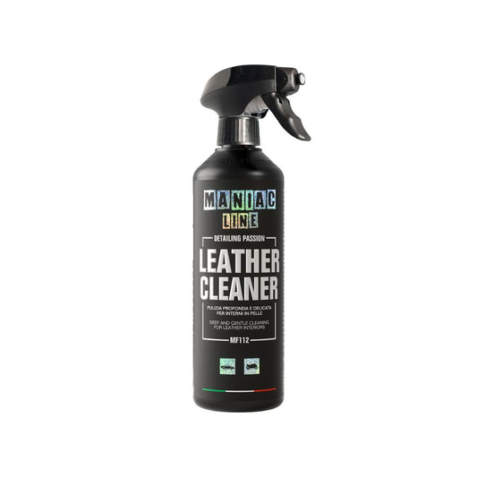 Black spray bottle labeled 'Maniac Line Leather Cleaner' on a white background
