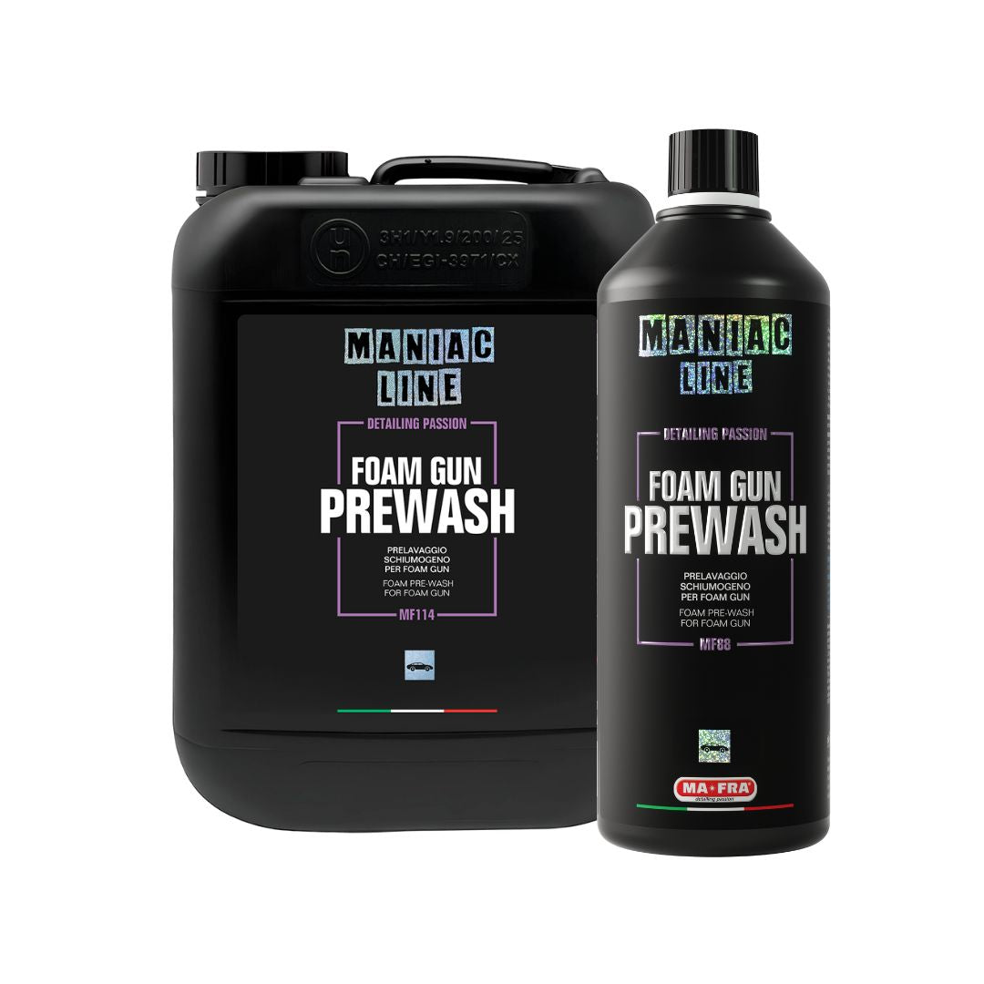 Two containers of Maniac Line Foam Gun Prewash on a white background