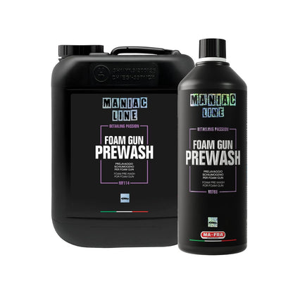 Two containers of Maniac Line Foam Gun Prewash on a white background