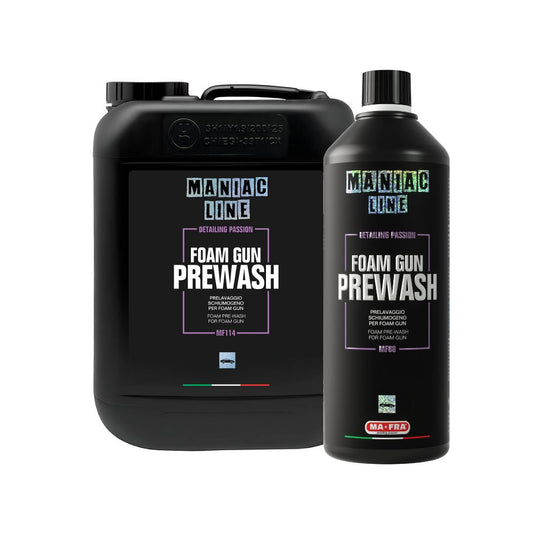 Two containers of Maniac Line Foam Gun Prewash on a white background