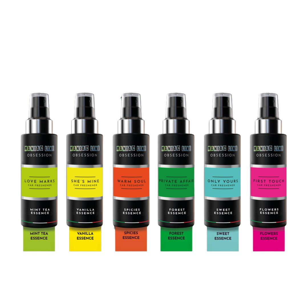 6 bottles of Maniac Line Obsession Car Air Freshener Spray in 6 difference Scents with "New" Label on it.