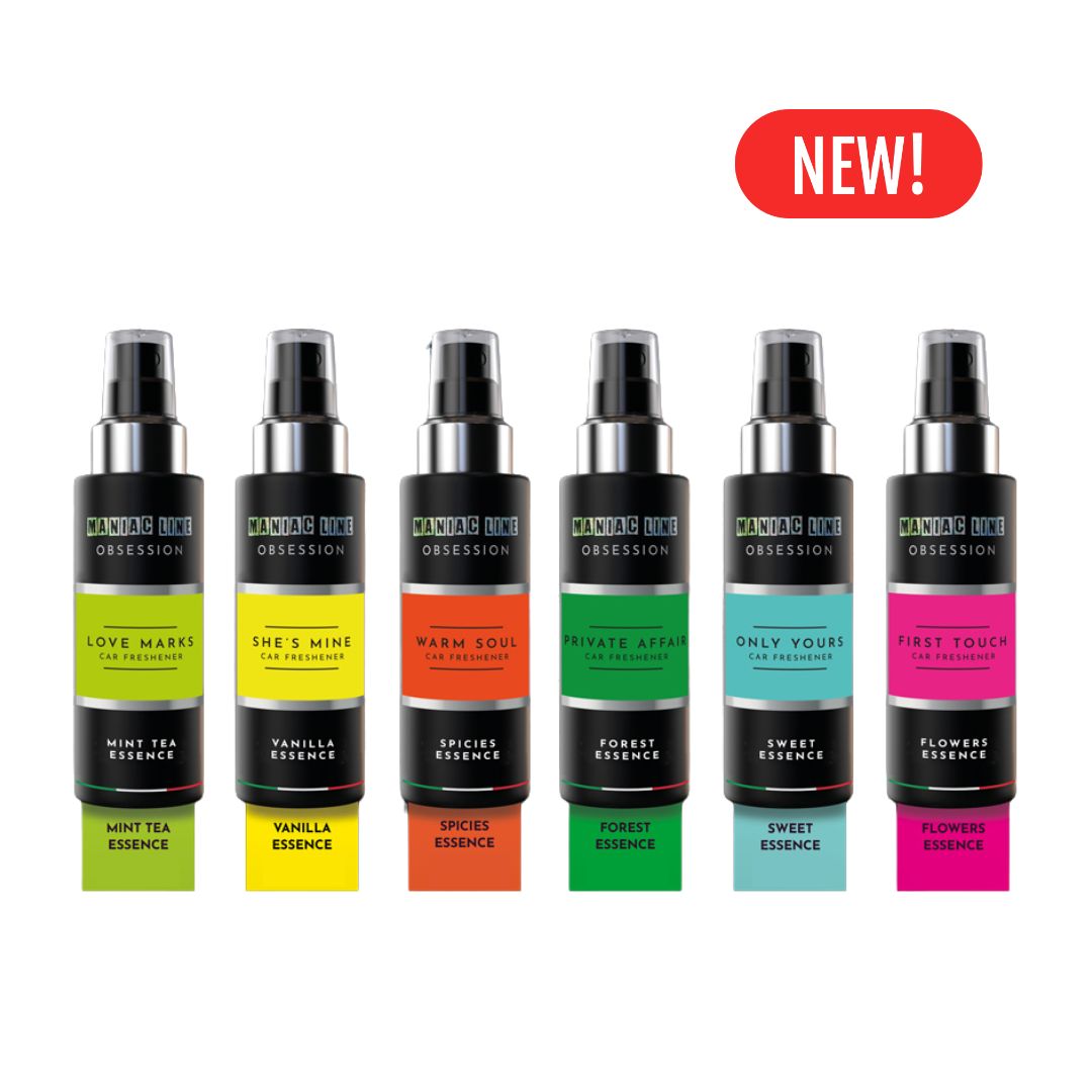 6 bottles of Maniac Line Obsession Car Air Freshener Spray in 6 difference Scents with "New" Label on it.