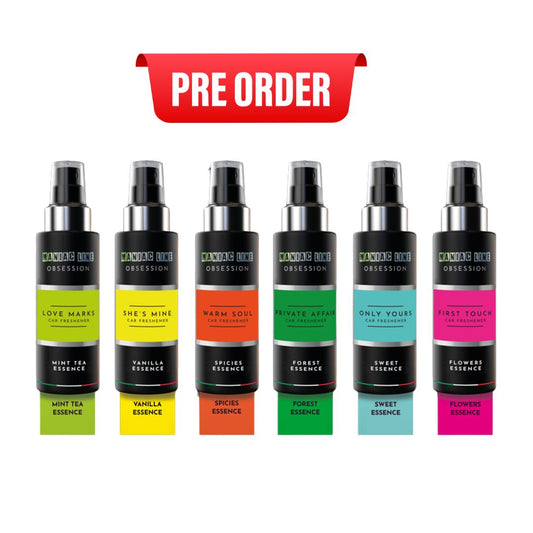 Set of six sprayair freshener with colorful labels on a white background, featuring 'Pre Order' text at the top.