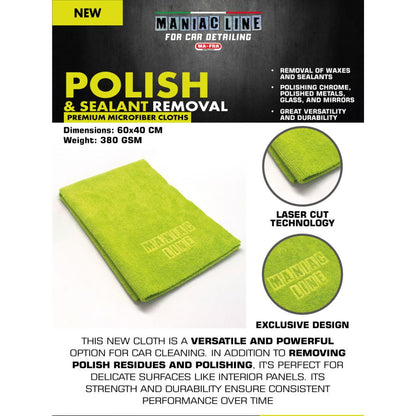 Maniac short pile microfibre in green. Effectively removes oily residues, polishes, glazes, sealants, ceramic coatings and wax residues without leaving streaks or marks. Perfect for polishing chrome, shiny metals, glass and mirrors. Maniac Ireland