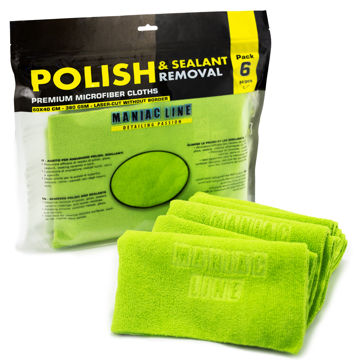 Maniac short pile microfibre in green. Effectively removes oily residues, polishes, glazes, sealants, ceramic coatings and wax residues without leaving streaks or marks. Perfect for polishing chrome, shiny metals, glass and mirrors. Maniac Ireland