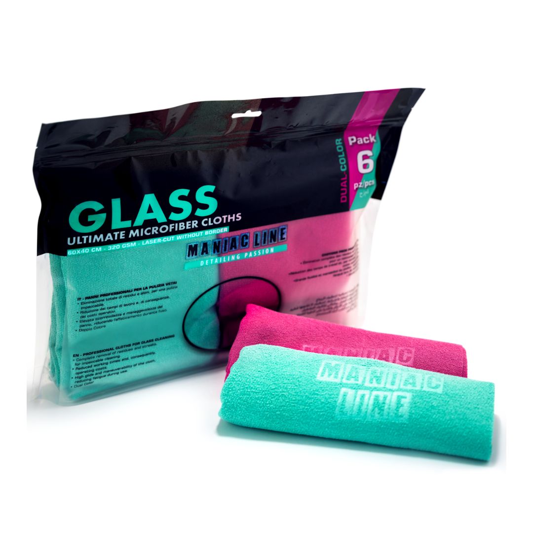 Maniac Ultimate Microfibre Glass Cloths in a 6 pack. Pink and marine green rolled. Maniac Line Ireland