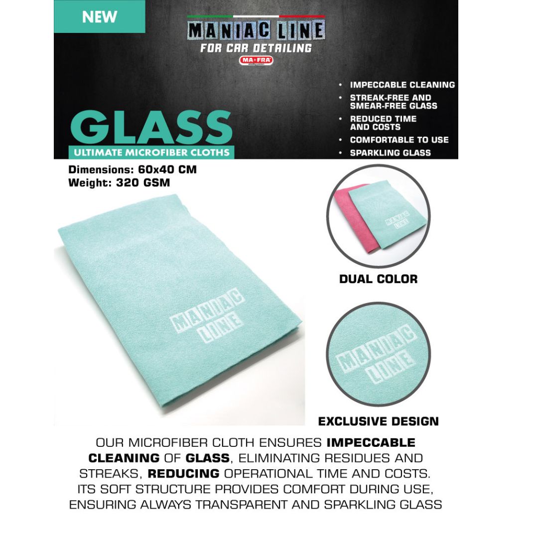 Maniac Ultimate Microfibre Glass Cloths. Streak free glass cloth. Maniac Ireland. Maniac Line by Mafra Ireland