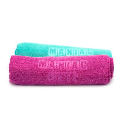 Maniac Ultimate Microfibre Glass Cloths. pink and marine green rolled. Maniac Line Ireland