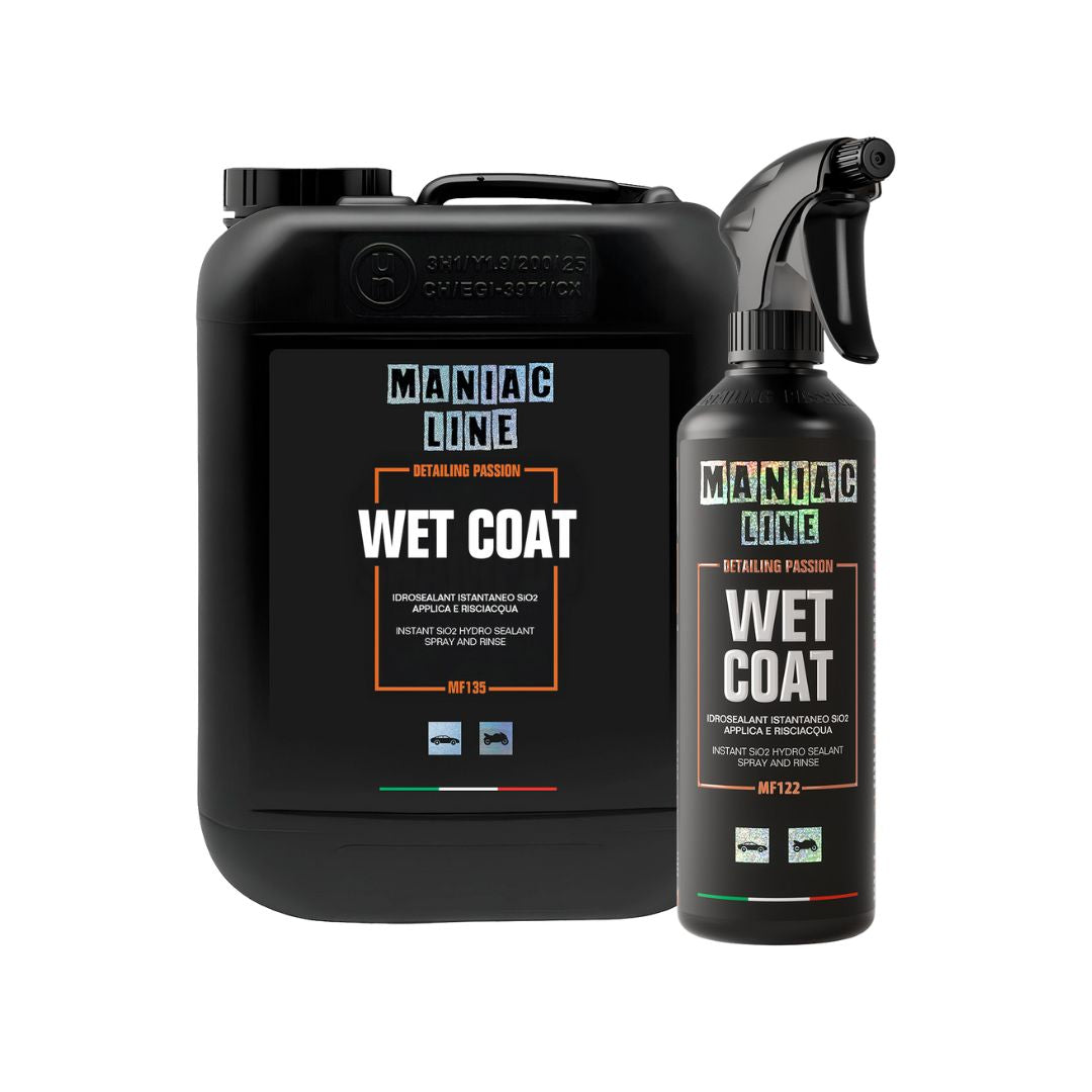 Black 'Maniac Line' wet coat product with large container and smaller spray bottle on a white background