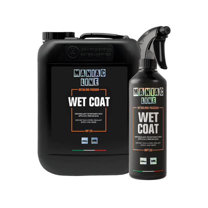 Black 'Maniac Line' wet coat product with large container and smaller spray bottle on a white background