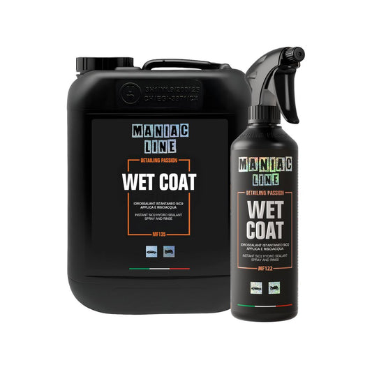 Black 'Maniac Line' wet coat product with large container and smaller spray bottle on a white background