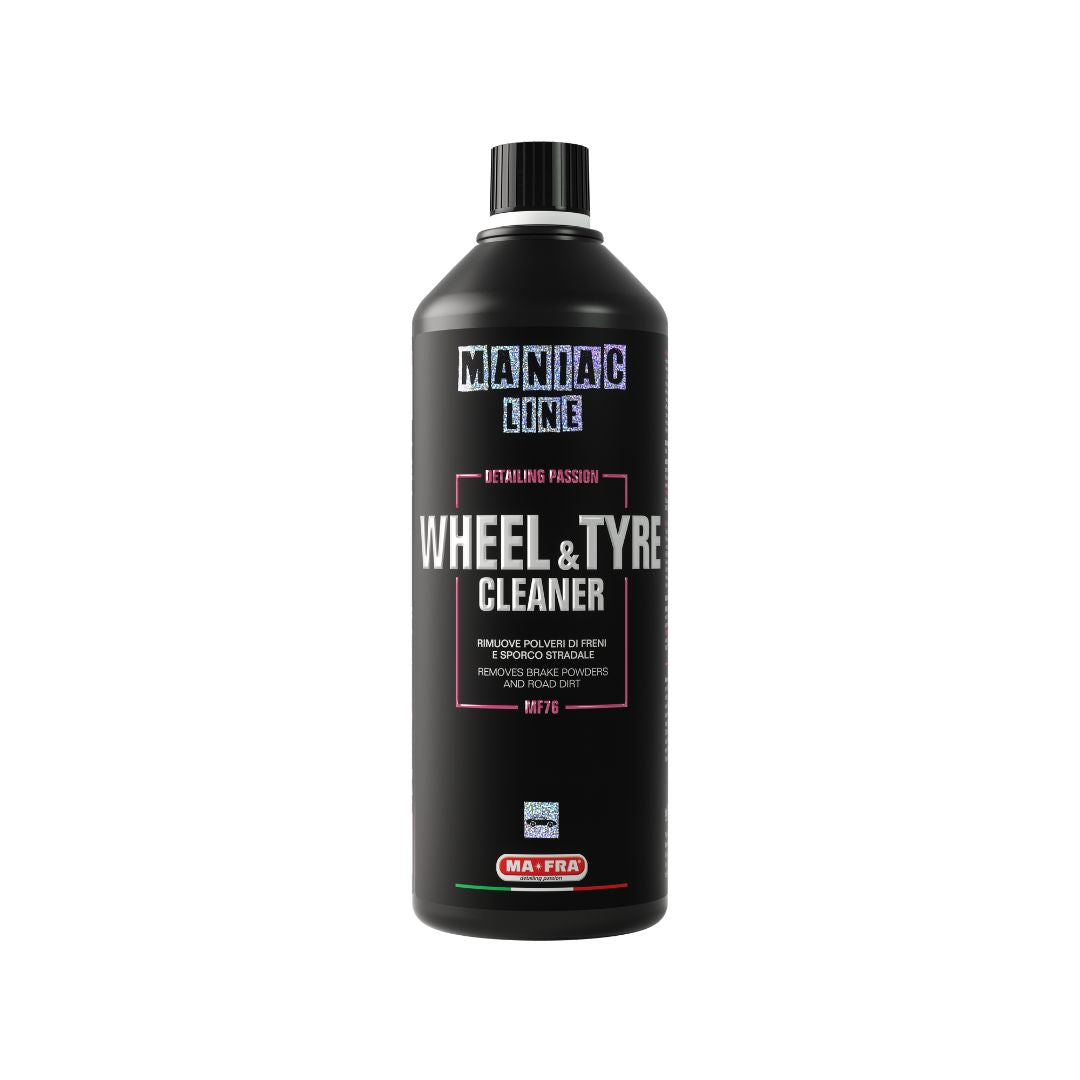 Black bottle of Maniac Line Wheel & Tyre Cleaner on a white background