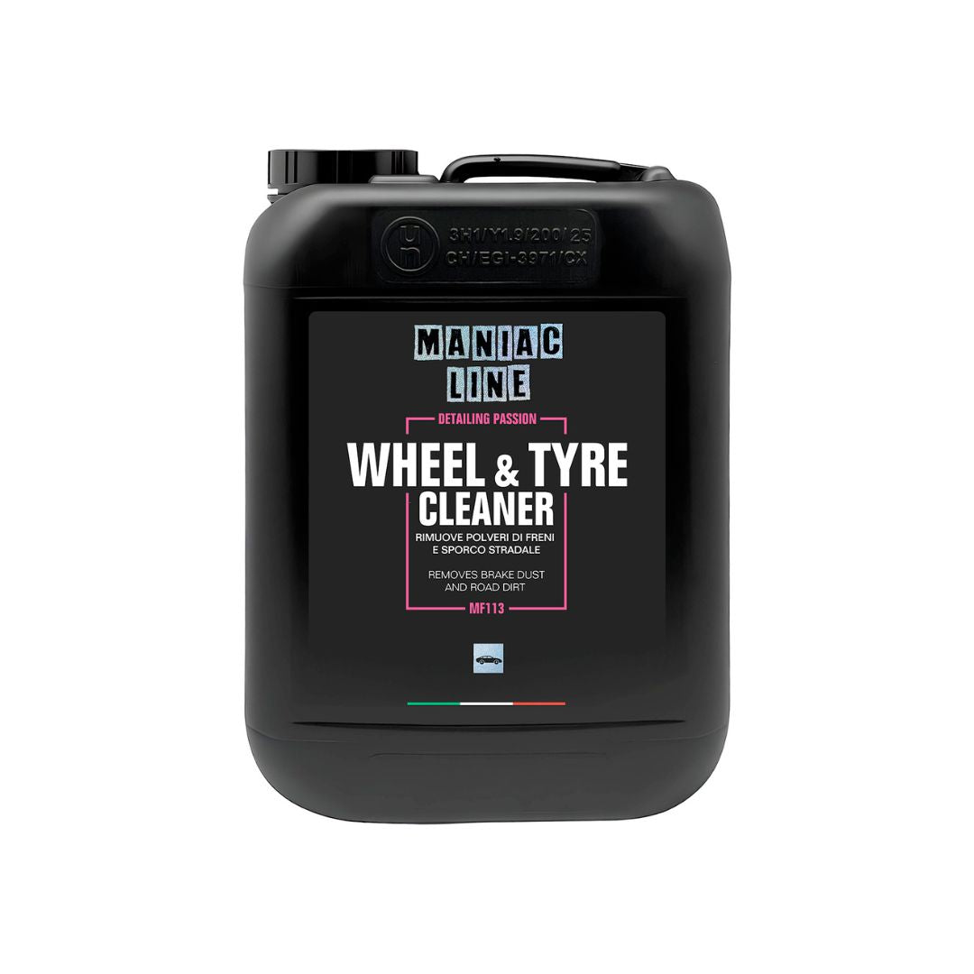 Black container of Maniac Line Wheel & Tyre Cleaner on a white background