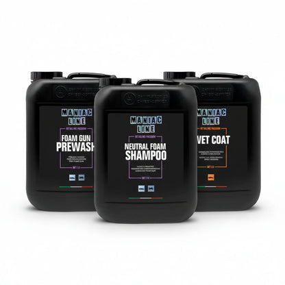 Three black containers labeled 'Maniac Line' with different product names on a white background.